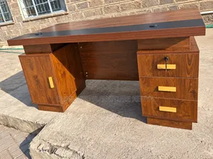 Executive Wooden Office Desk With Gold Handles, Lockable Drawers