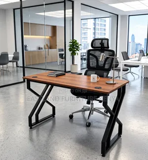 Modern Executive Office Desk With Black Metal Frame and Walnut Wood