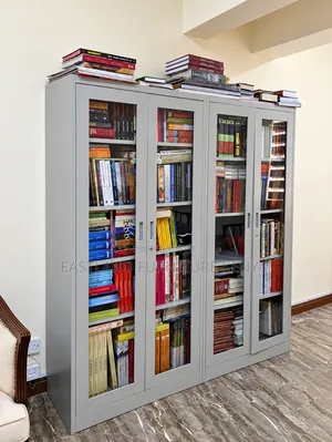 Modern Grey 4-Door Glass Bookcase Cabinet With Lockable Storage