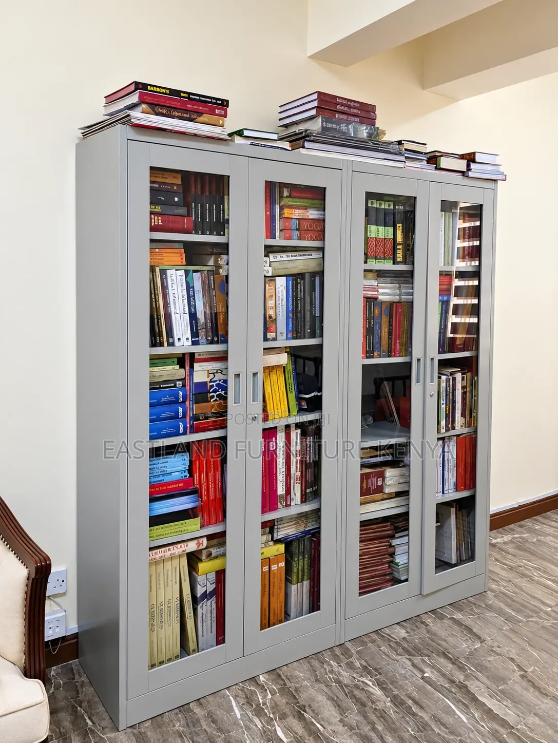 Modern Grey 4-Door Glass Bookcase Cabinet With Lockable Storage
