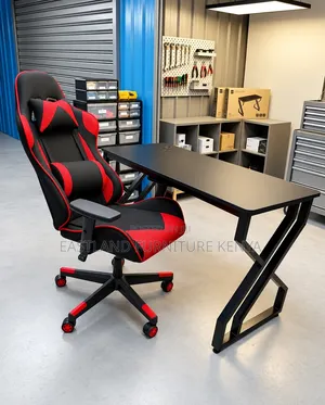 Black Gaming Desk With Red and Black Ergonomic Gaming Chair Set
