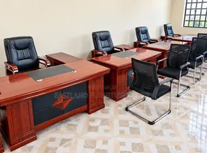 Executive Office Desk Set With Black Leather Chairs