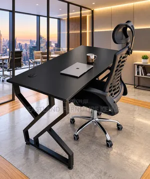 Modern Black Office Desk With Ergonomic High-Back Office Chair