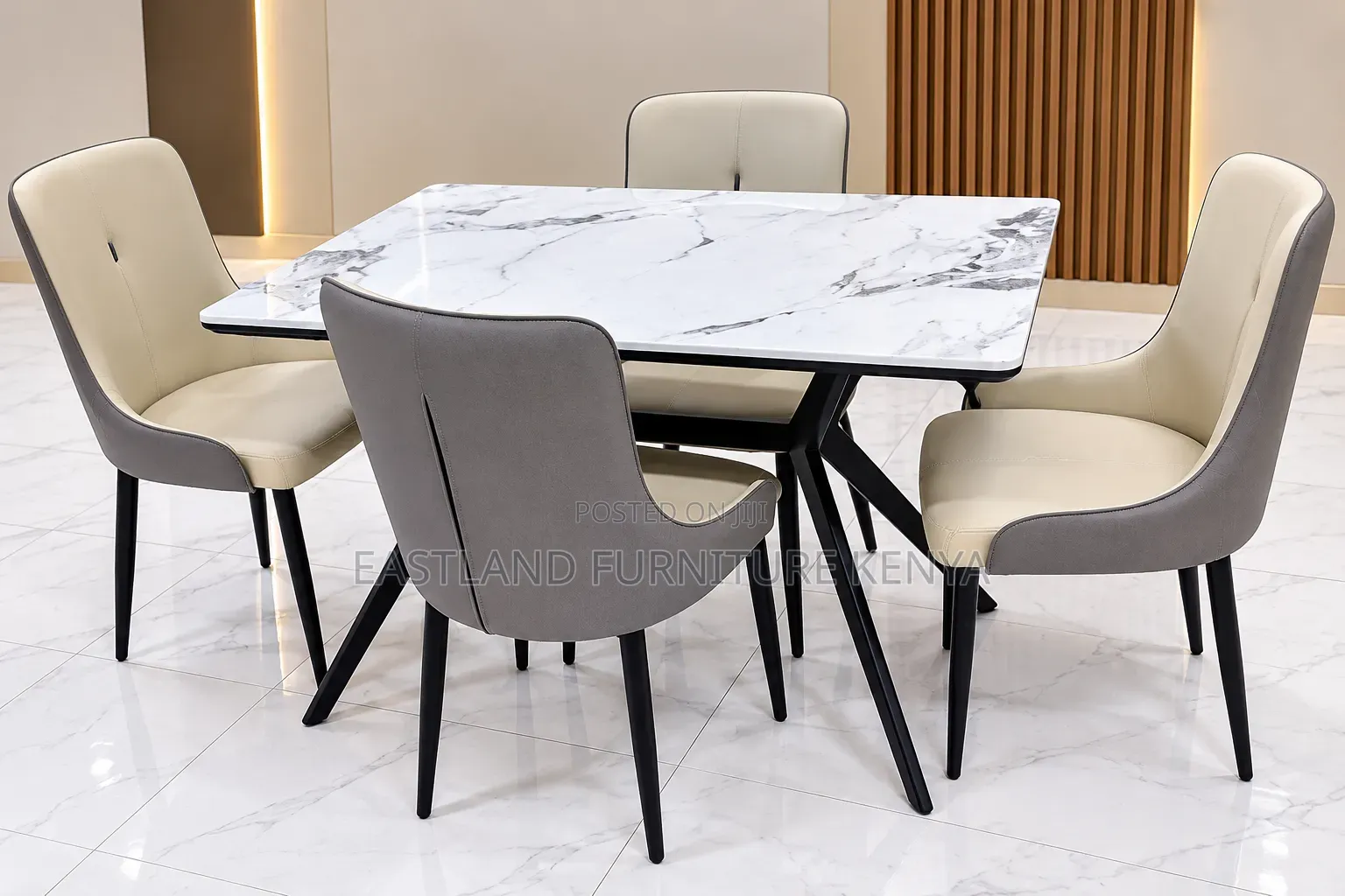 Modern 4-Seater Dining Set With White Marble-Effect Table and Two-Tone