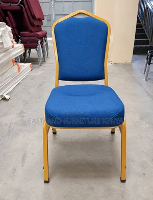 Blue Upholstered Banquet Chair With Gold Metal Frame – Stackable Chair