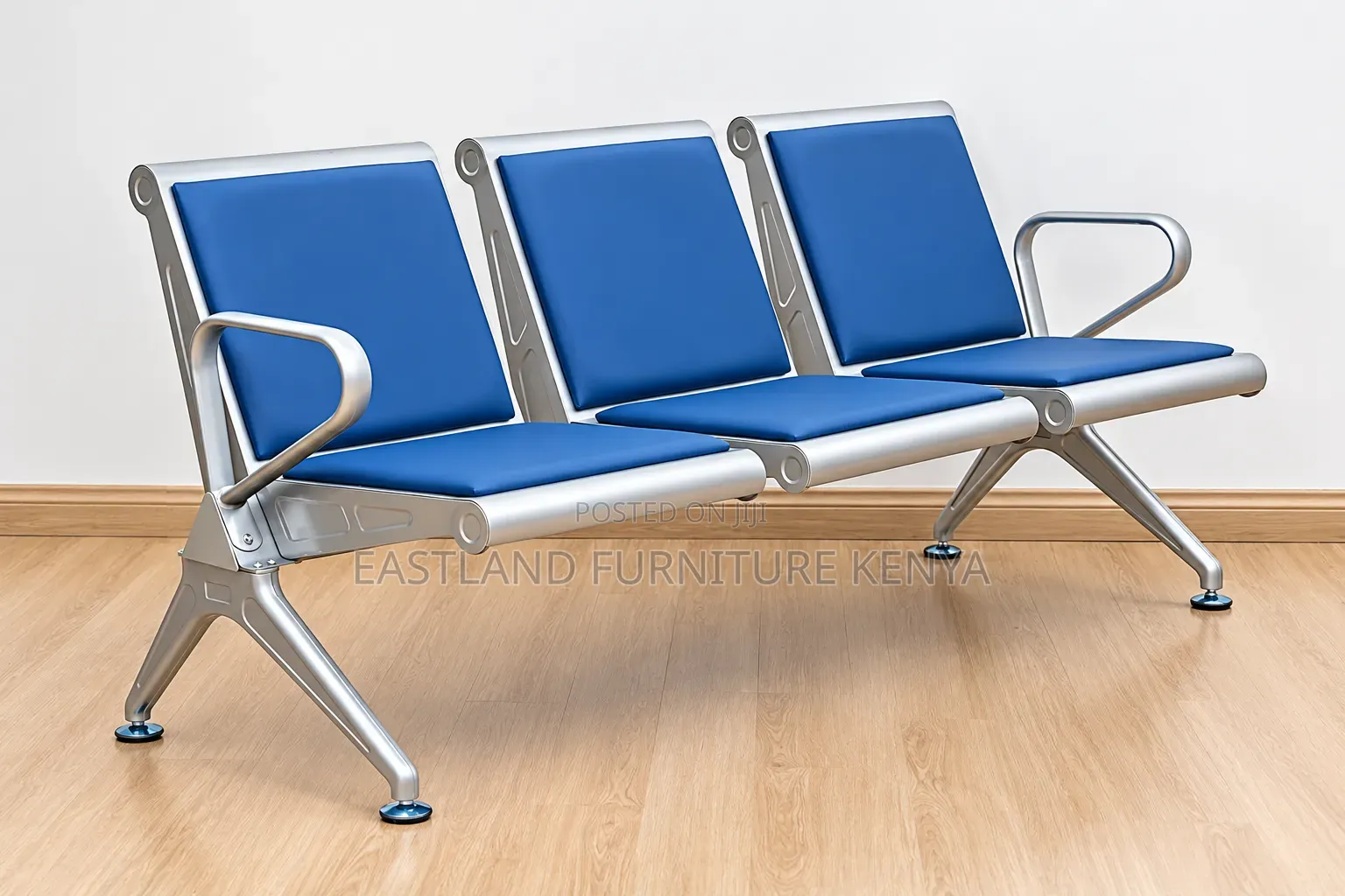 3-Seater Airport Waiting Bench With Blue Cushions & Silver Metal Frame