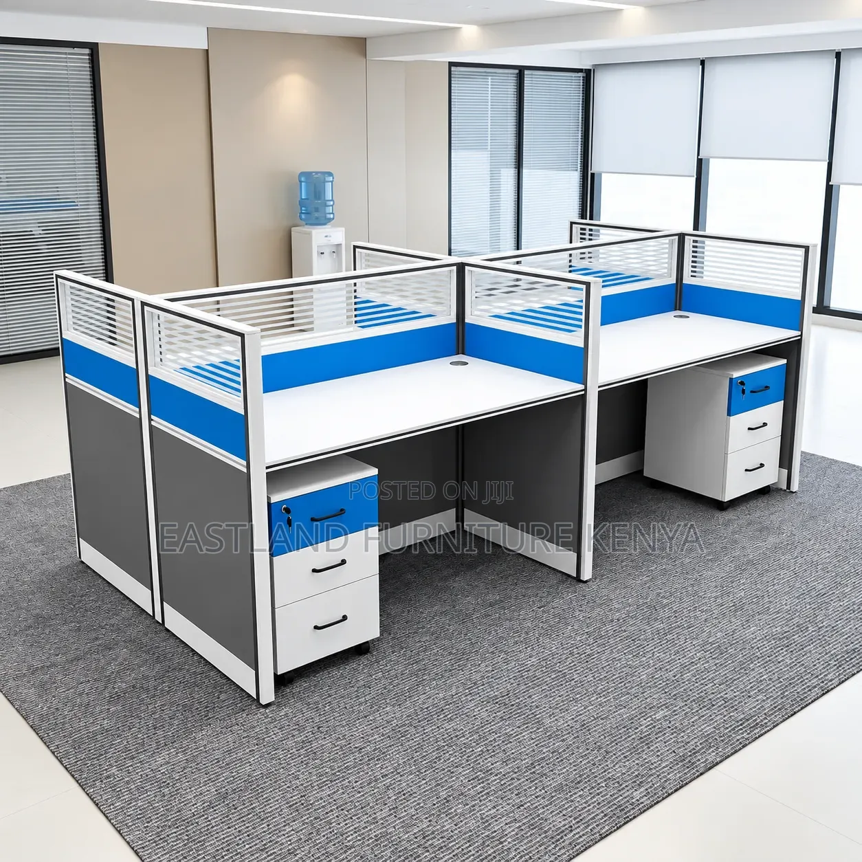 Modern 4-Way Office Workstation Cubicles With Blue and White Finish