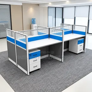 Modern 4-Way Office Workstation Cubicles With Blue and White Finish
