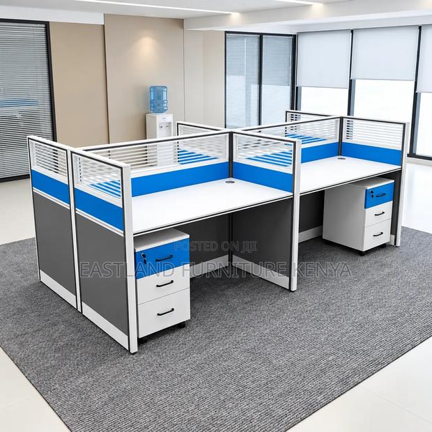 Modern 4-Way Office Workstation Cubicles With Blue and White Finish - main view