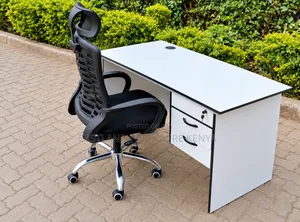 Modern White Office Desk With Lockable Drawer and Ergonomic Mesh Chair