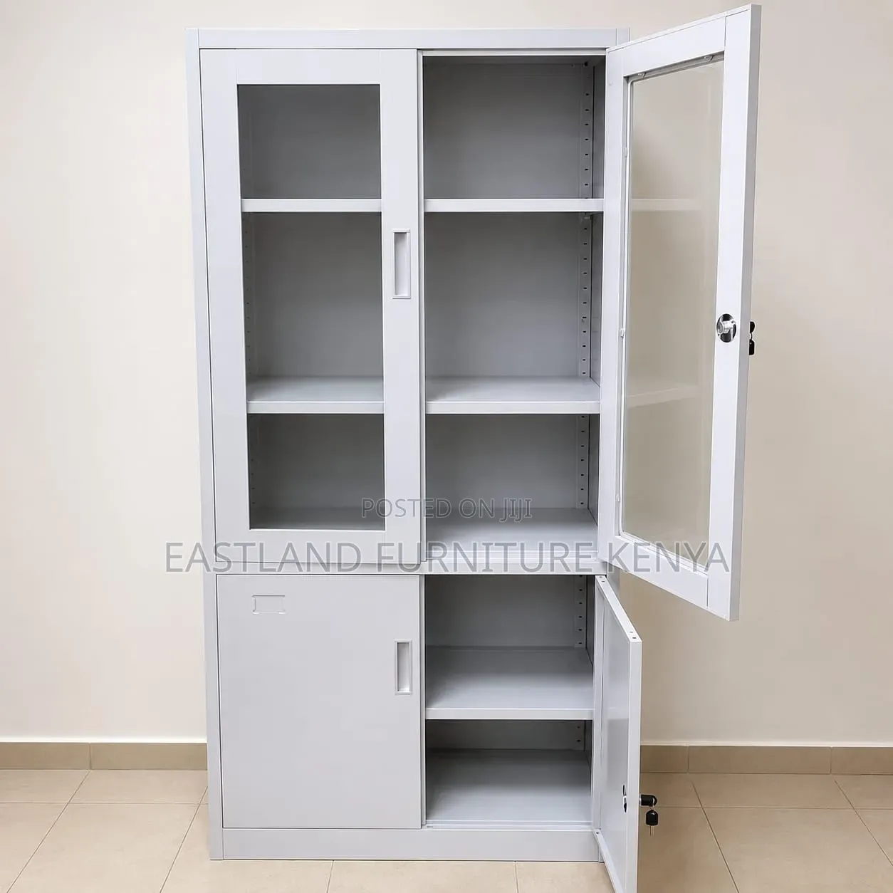 Cabinet With Glass Doors and Lockable Compartments
