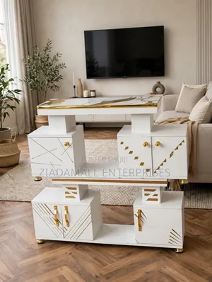 4 Feet Istanbul TV Stand - Marble Top White Gold Finish