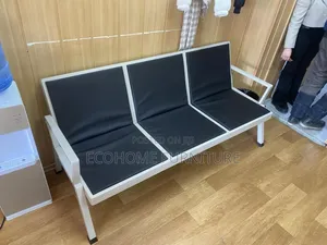 Three Seater Metal Waiting Bench With Black Cushions