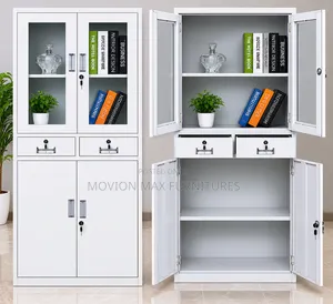Modern White Steel Office Storage Cabinet With Glass Doors / Lockable