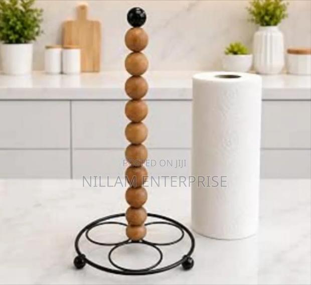 Freestanding Metallic Paper Towel Holder With Solid Wood Beads - main view