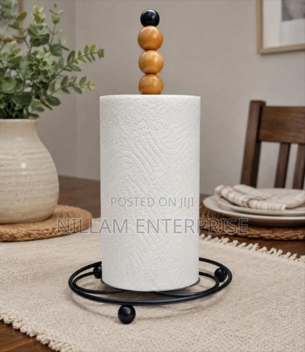 Freestanding Metallic Paper Towel Holder With Solid Wood Beads - thumbnail 2