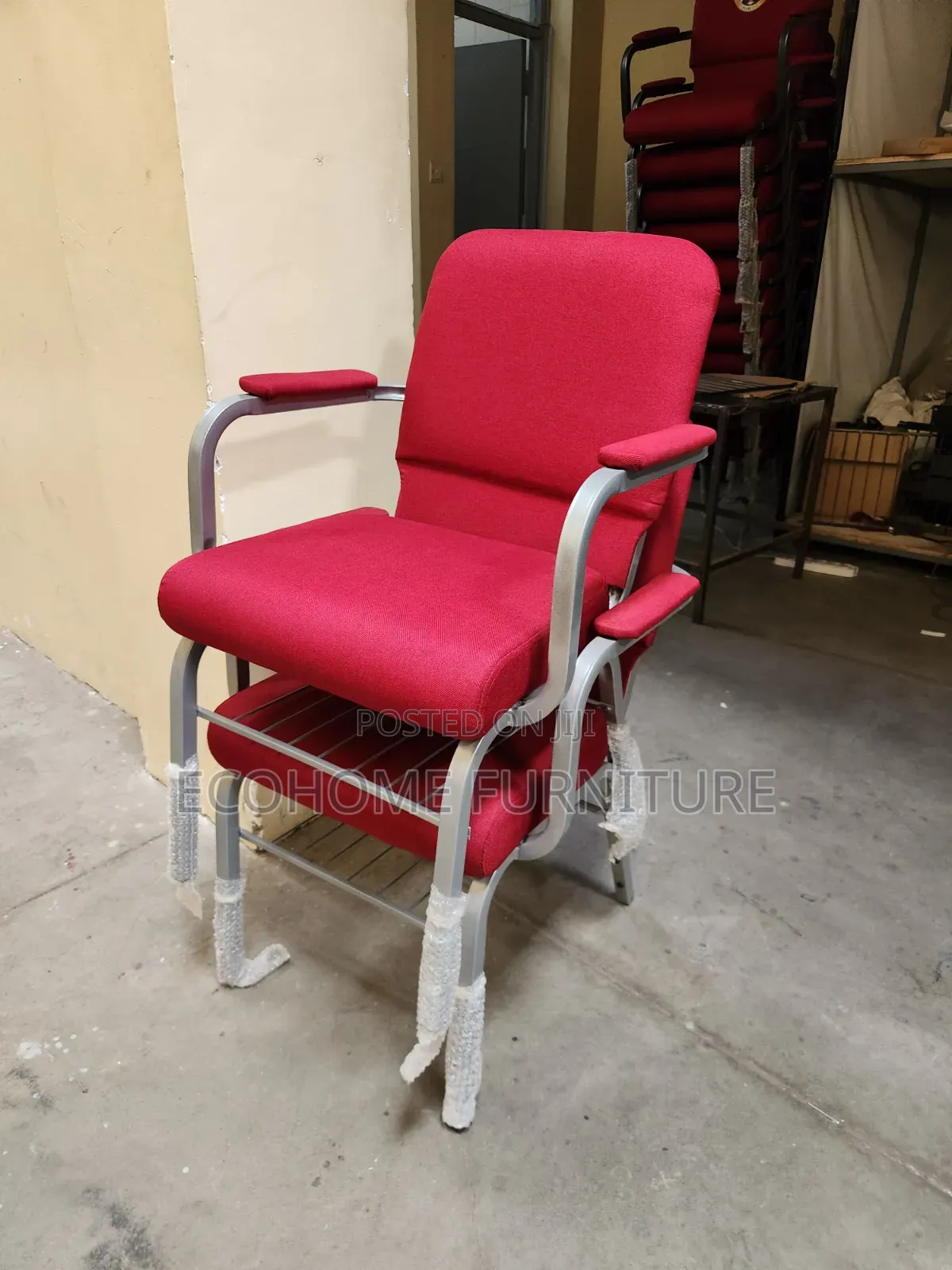 Church Chair – Red Padded Stackable Chair With Armrests