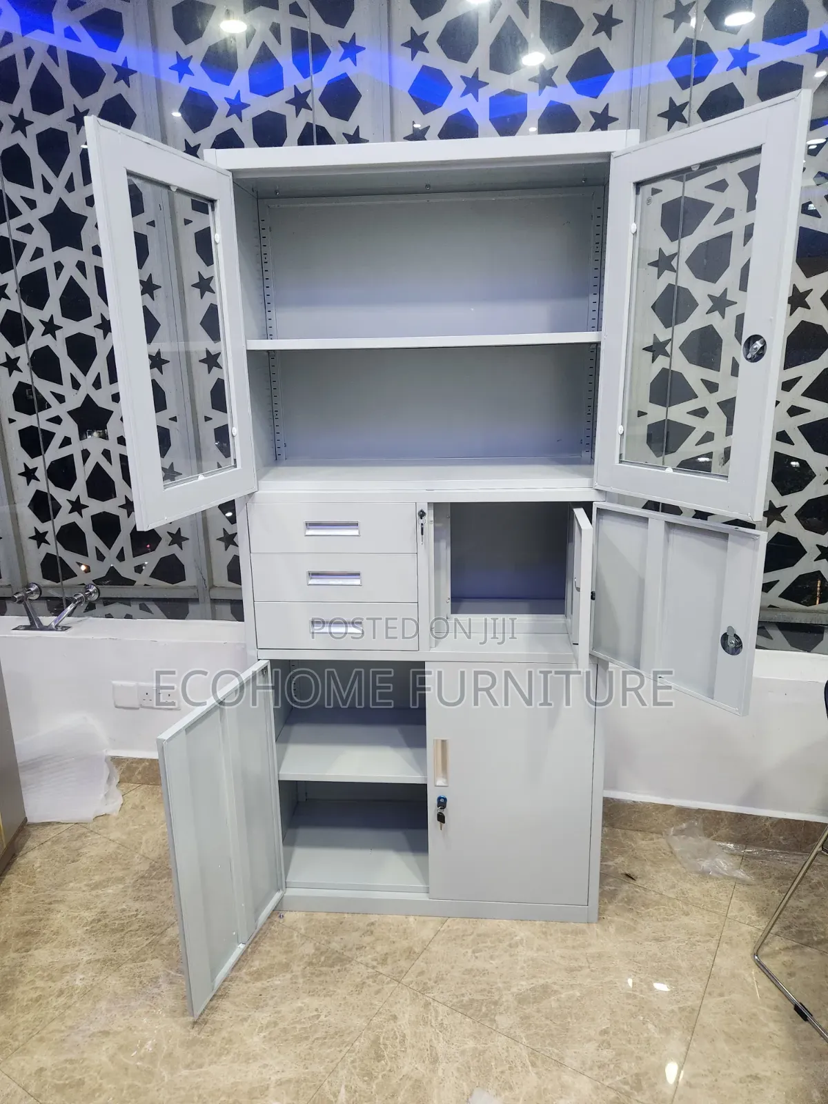 Office Cabinet – White Storage Cupboard With Glass Doors