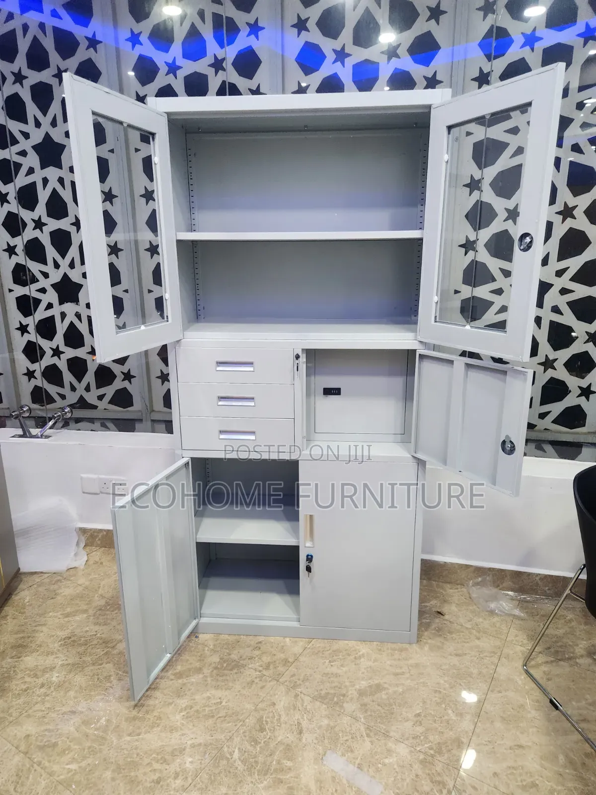 Office Cabinet – White Storage Cupboard With Glass Doors