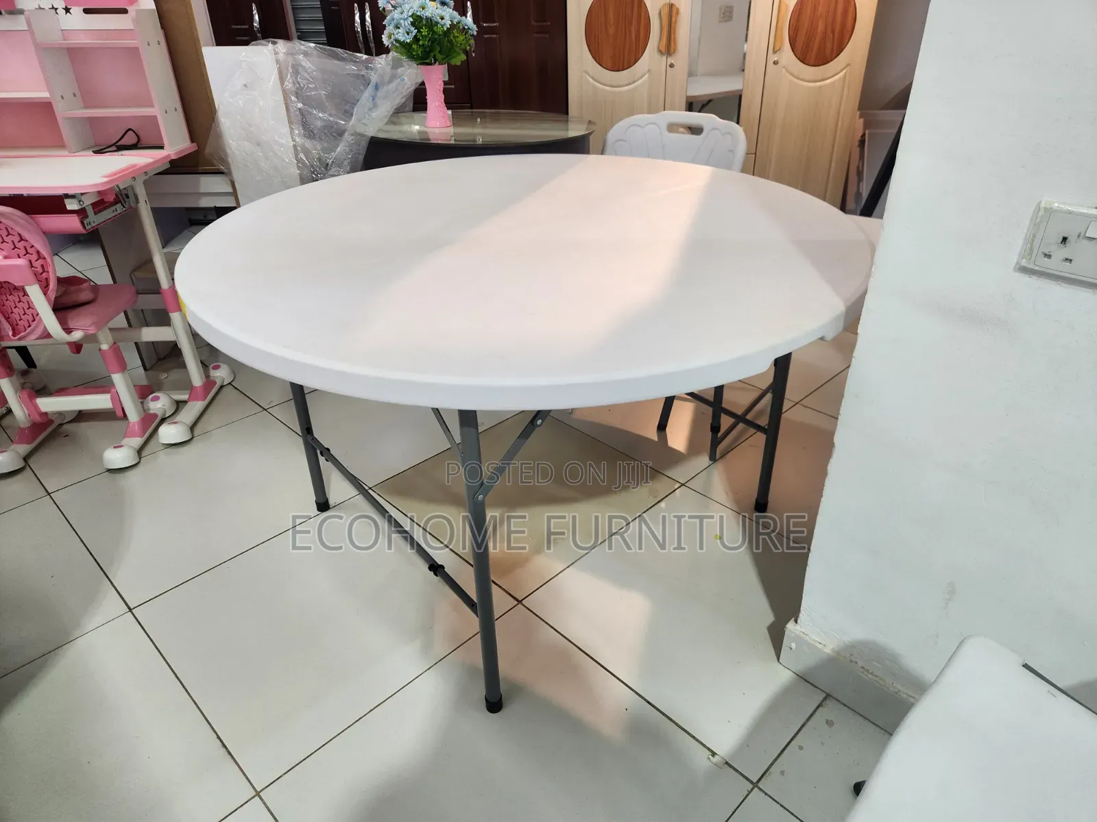 Folding Table – Round White Portable Table With Metal Legs