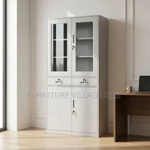 Half Glass Metallic Office Cabinet-Off White