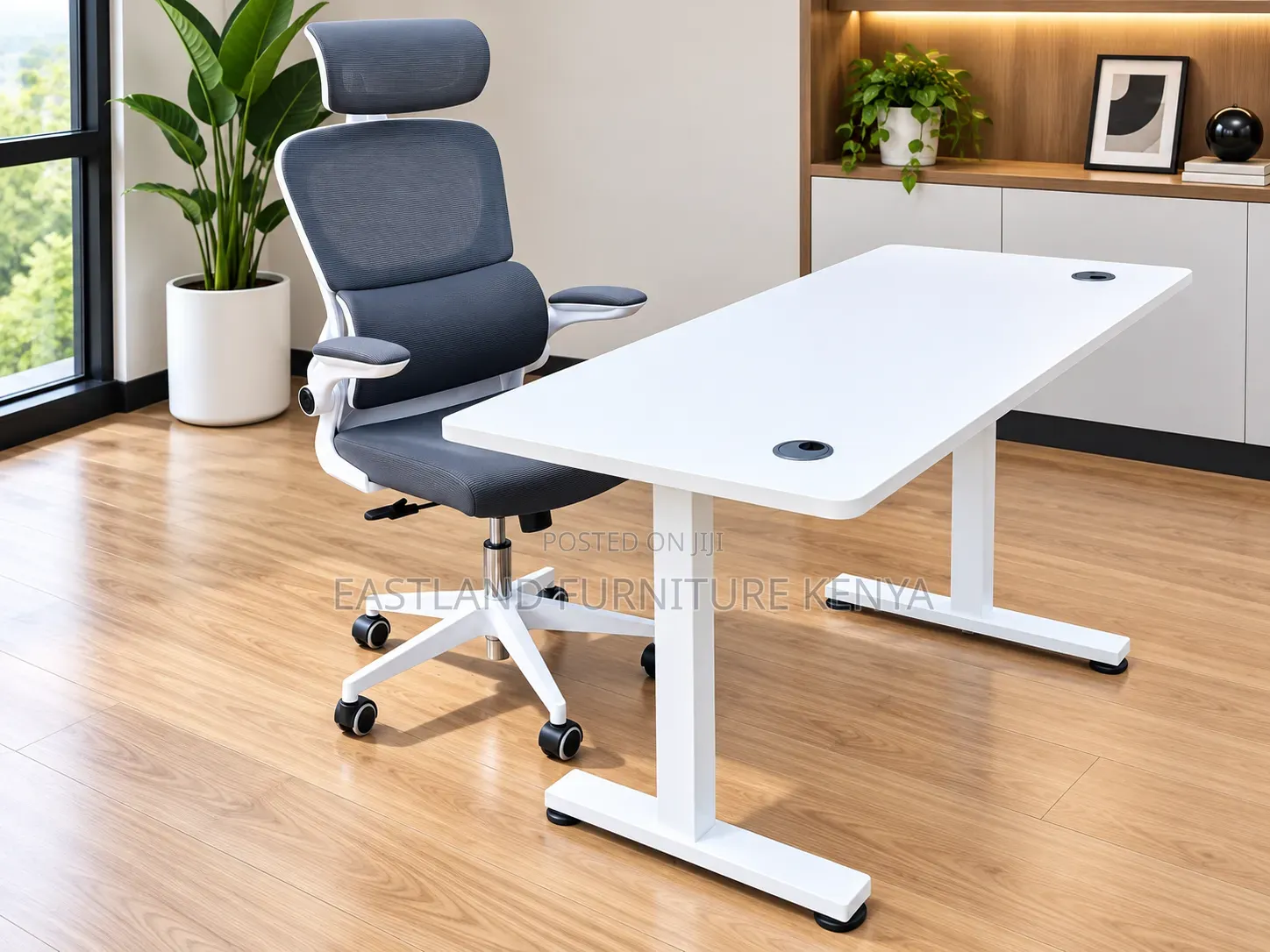 Modern White Office Desk With Ergonomic Grey Chair