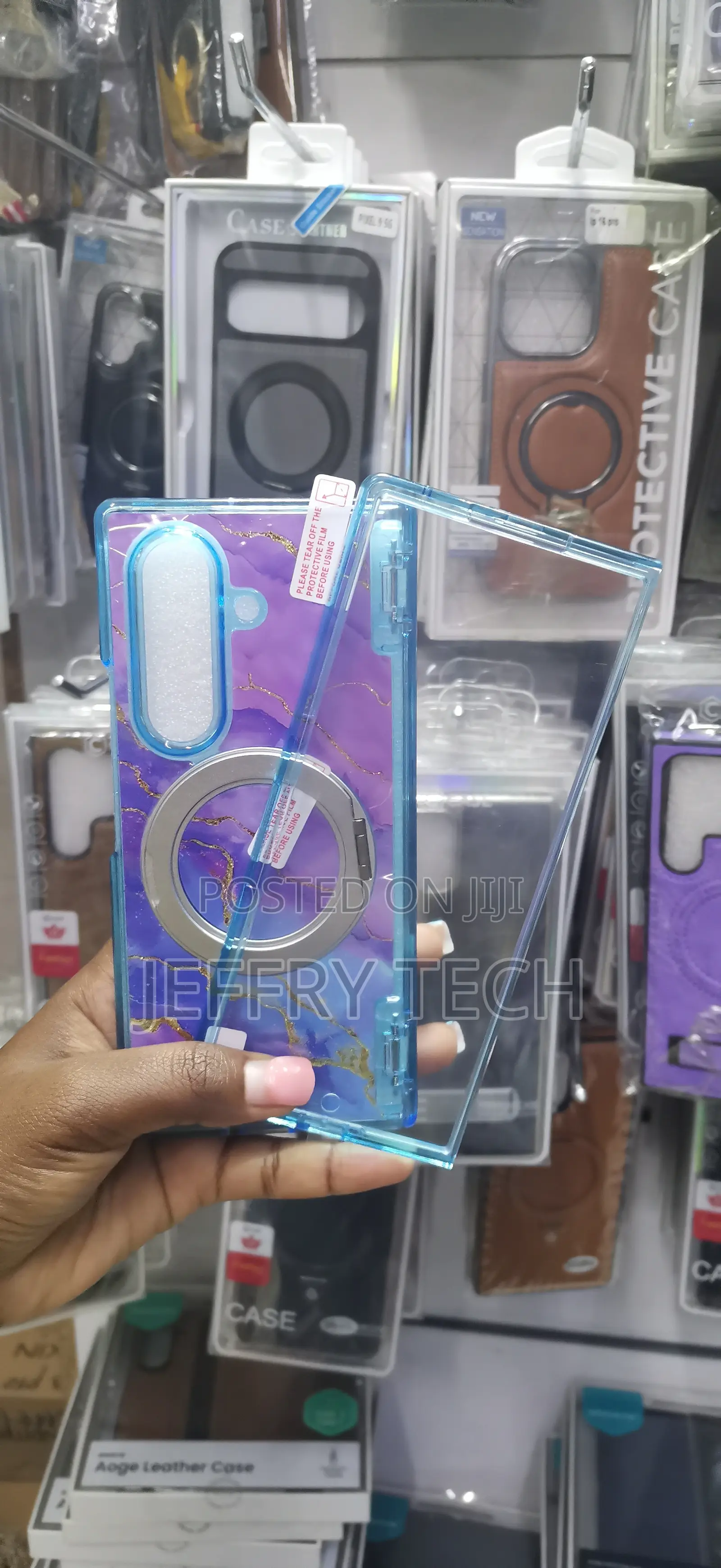 Purple Blue Marble-Pattern Phone Case Magnetic Ring Galaxy Z Fold 6