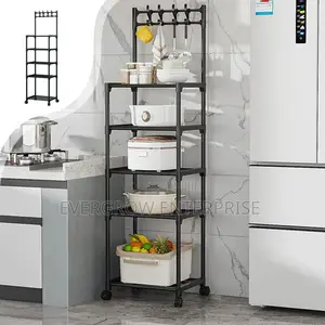 Detachable 5 Layer Metallic Kitchen Bowl Rack With 4 Hooks Hangers