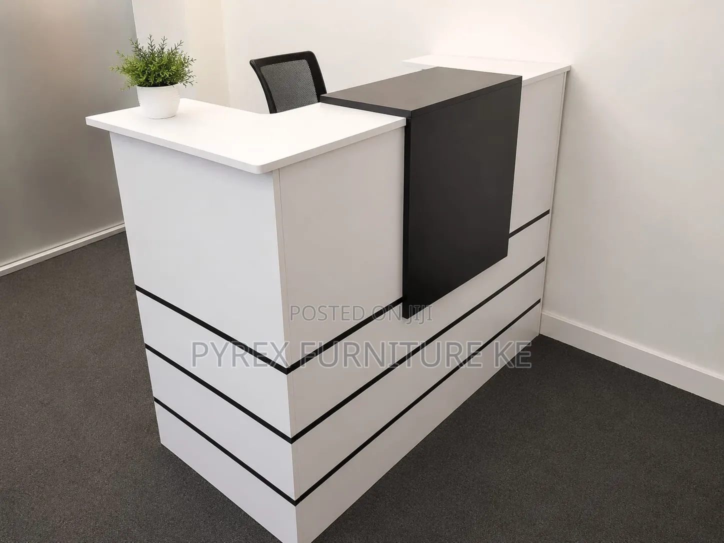 Modern White and Black L Shaped Reception Desk With Striped Front