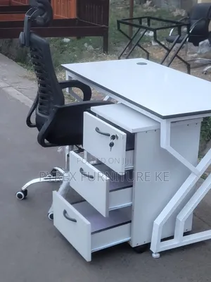 White Modern Office Desk With 3 Drawer Pedestal and Z Frame Legs