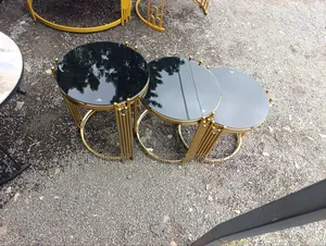 3 Piece Black Glass Nesting Side Tables With Gold Metal Frame