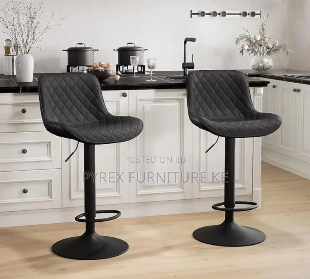 Black Quilted Leather Adjustable Bar Stools With Swivel Base