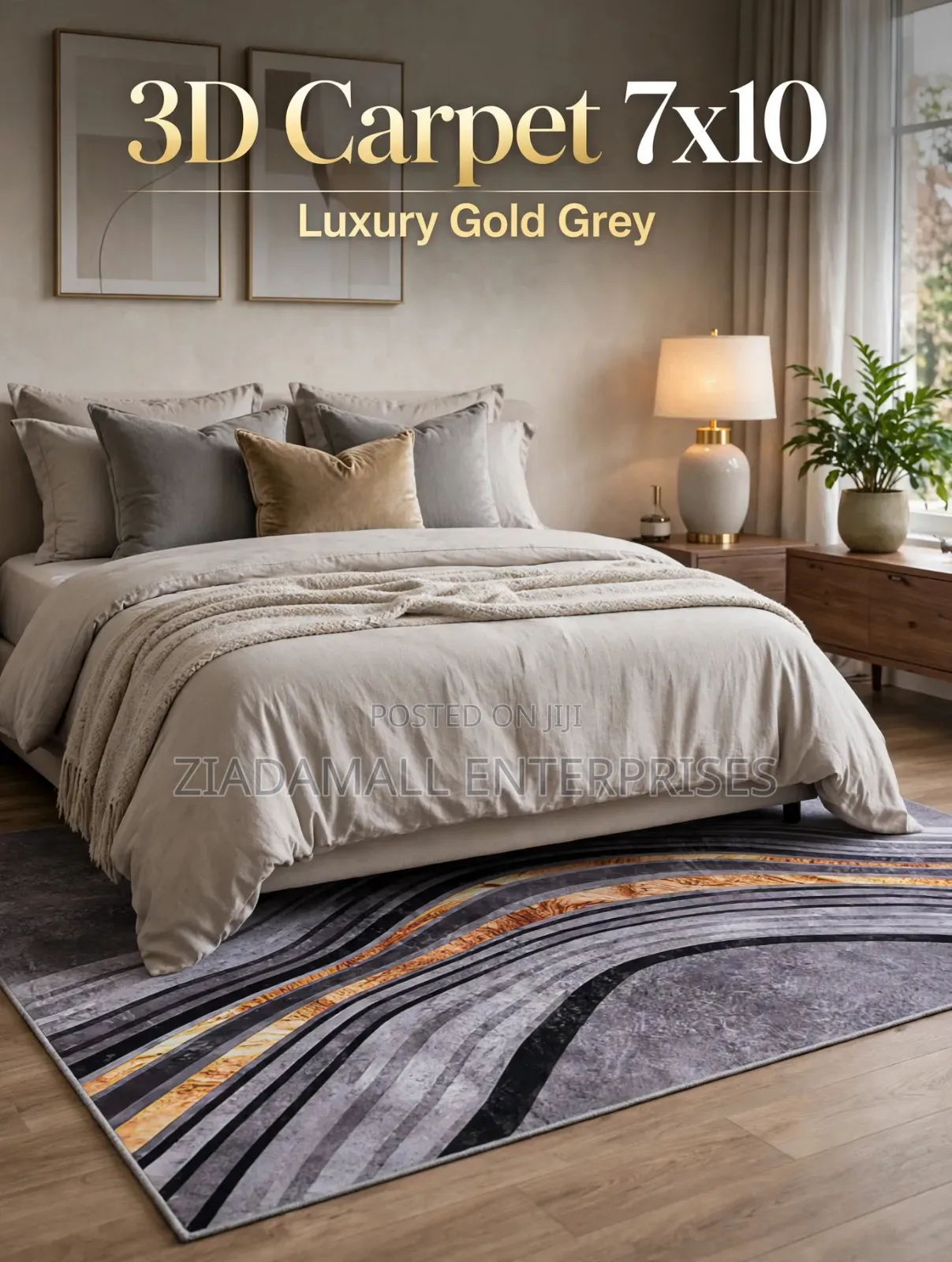 3D Carpet 7x10 - Luxury Grey Gold Wave Modern Design