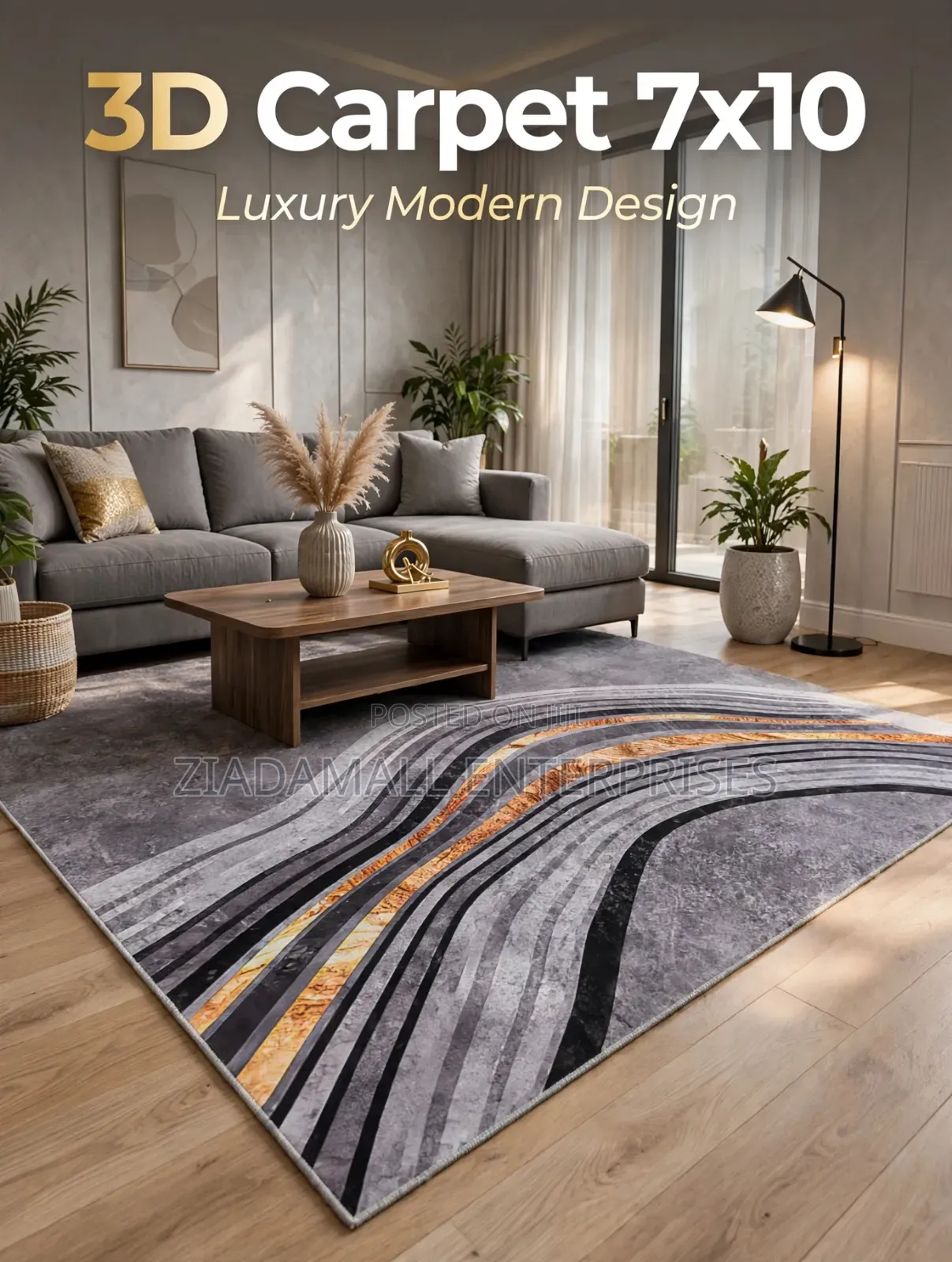 3D Carpet 7x10 - Luxury Grey Gold Wave Modern Design