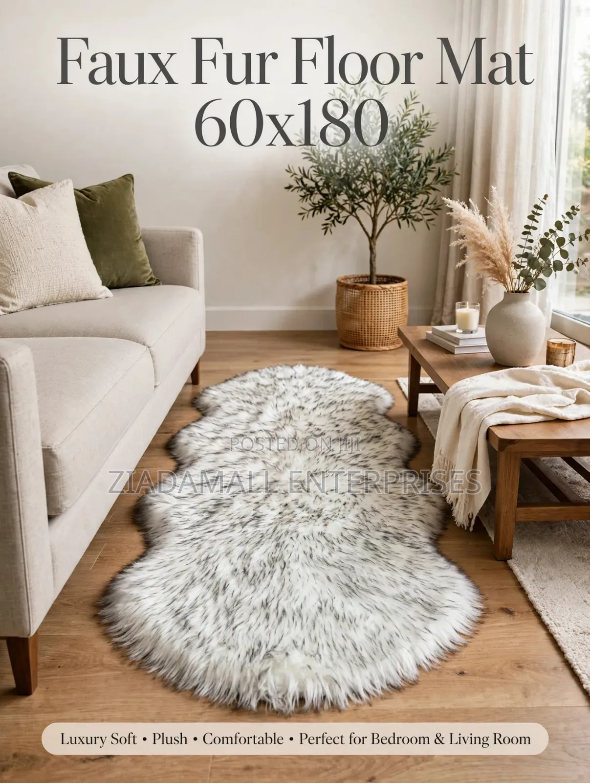Faux Fur Plush Floor Mat - Bedside Mat 60x180 - White Grey