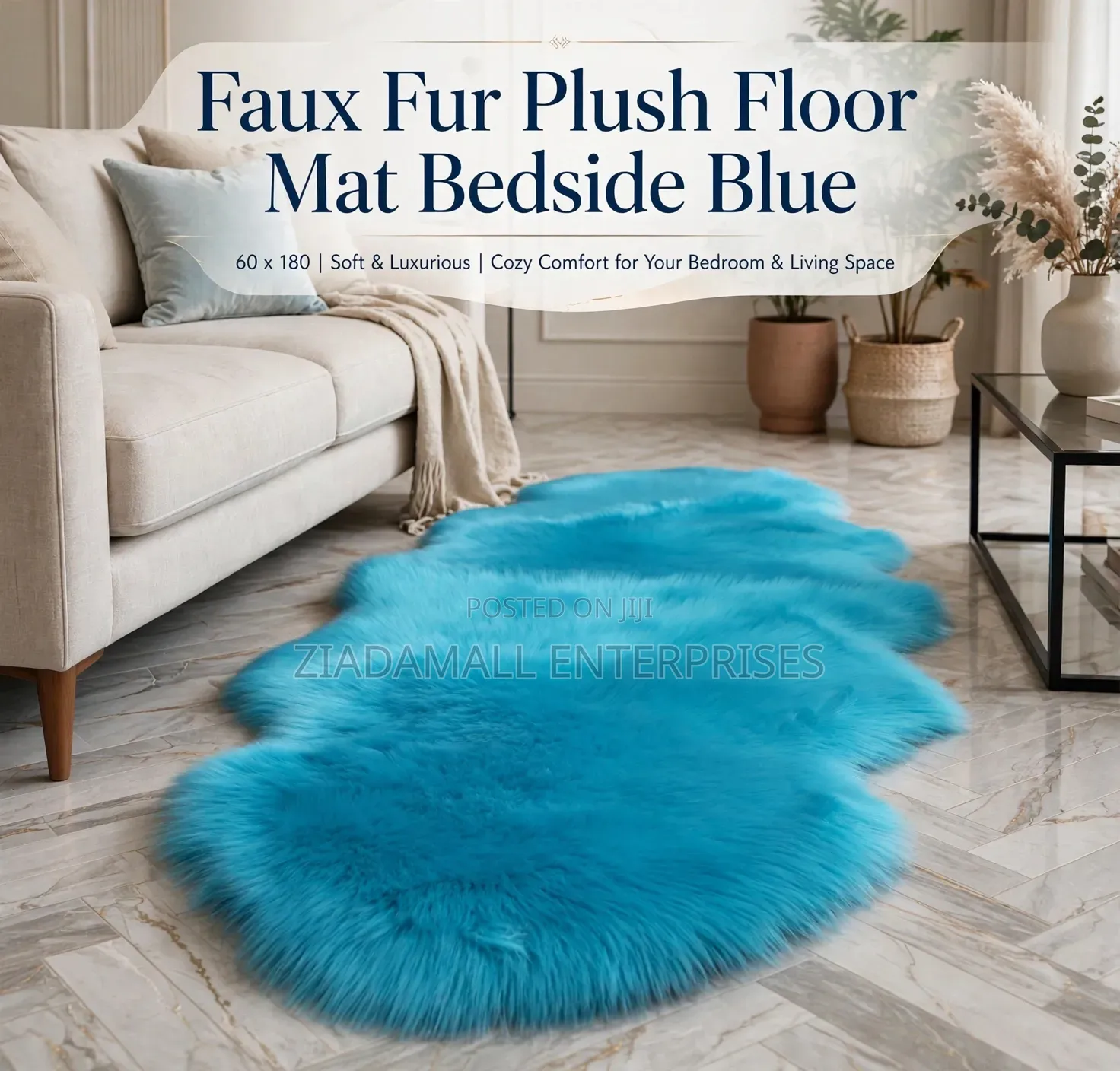 Faux Fur Plush Mat 60x180 - Blue Bedside Floor Runner Mat