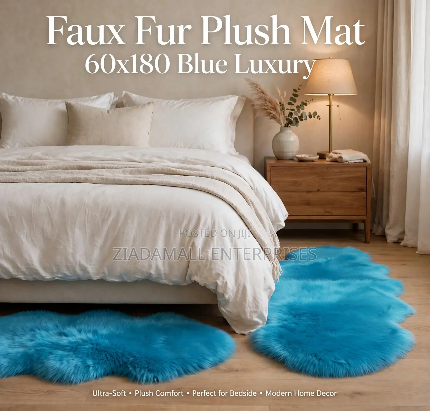 Faux Fur Plush Mat 60x180 - Blue Bedside Floor Runner Mat