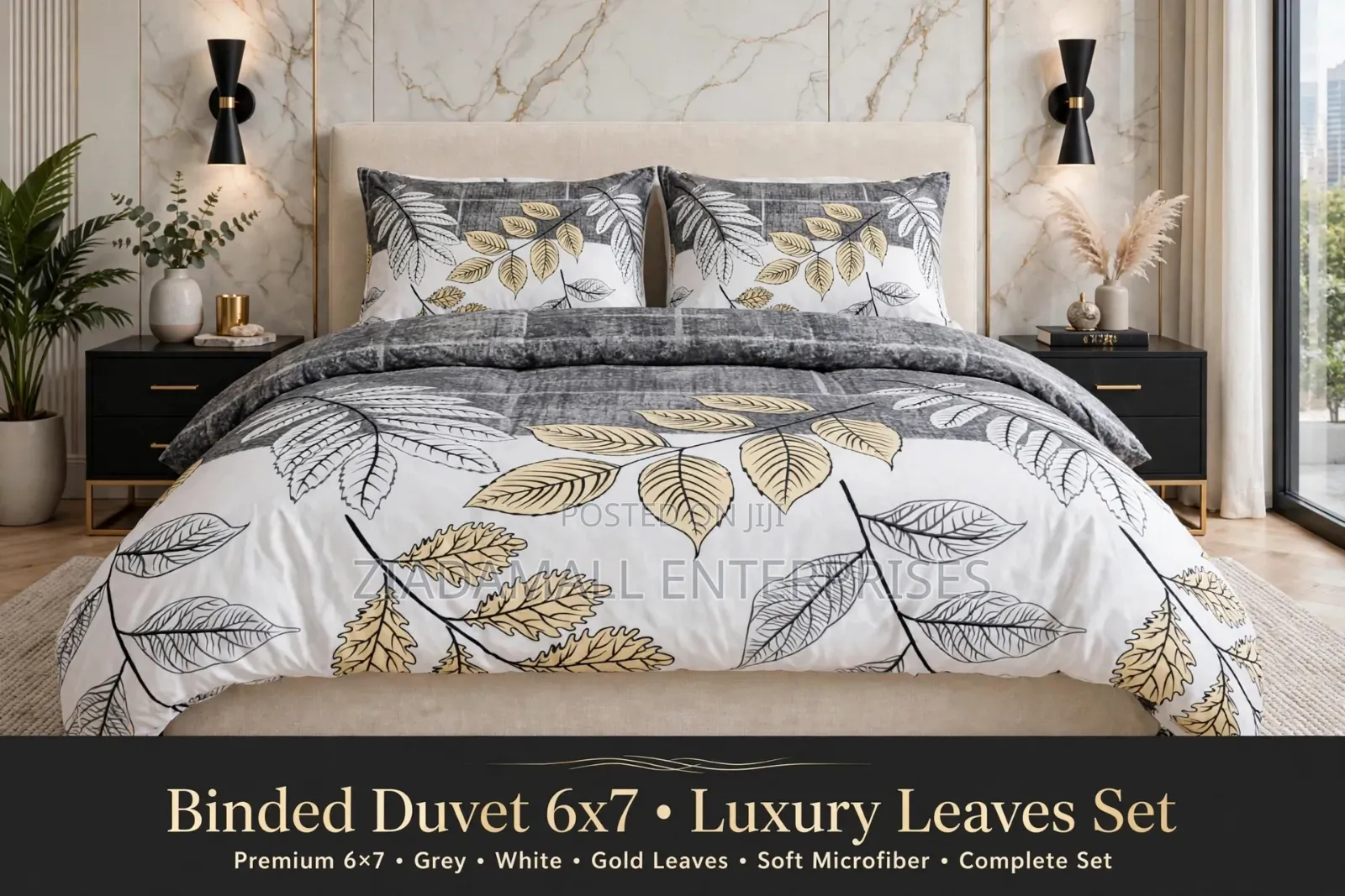 Binded Duvet 6x7 - 4Pcs Luxury Set - Grey White Gold Leaves