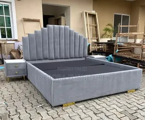 Luxury 6x6 Grey Velvet Bed Frame With Fluted Headboard & Nightstands