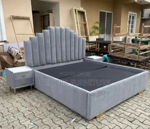 Luxury 6x6 Grey Velvet Bed Frame With Fluted Headboard & Nightstands