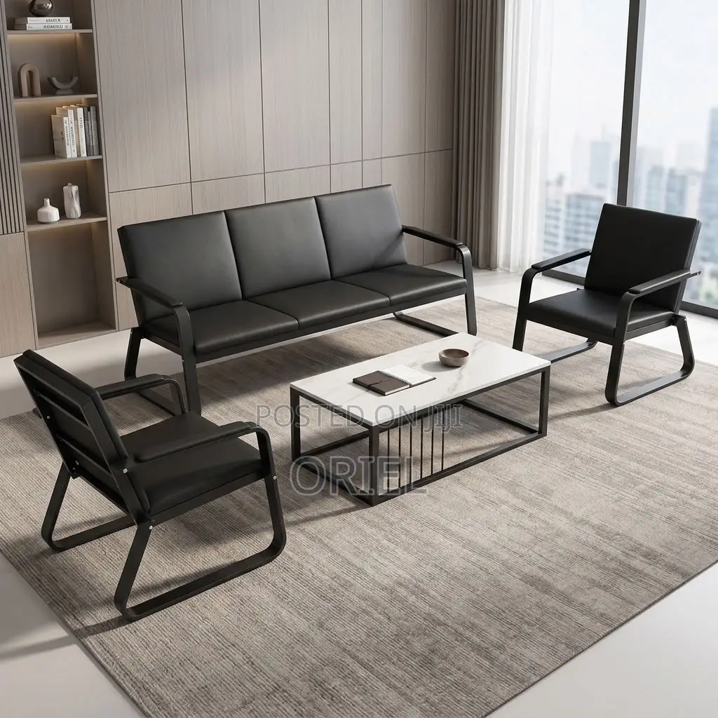 Office Sofa : Five-Seater Padded Leather Office Sofa