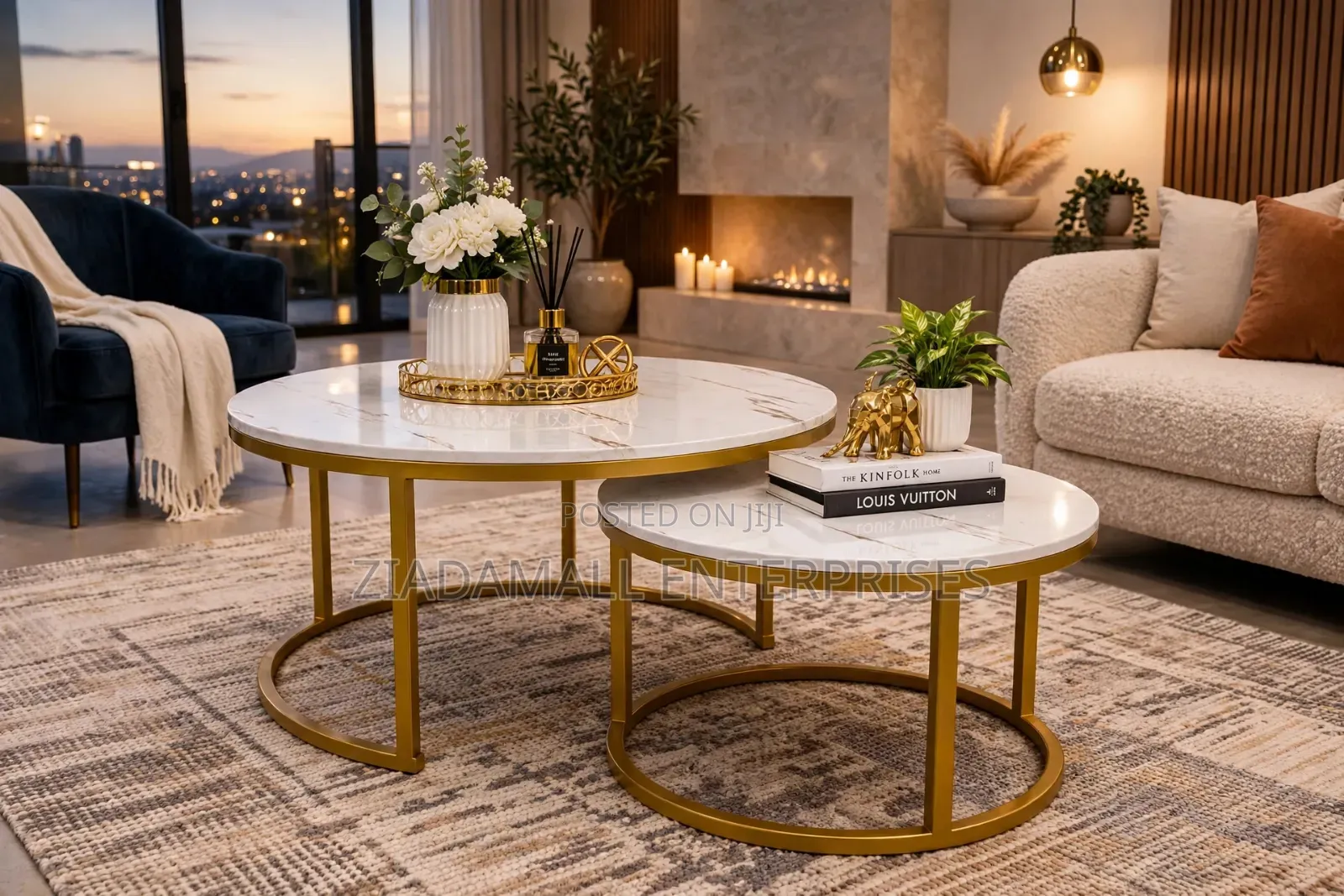 White Nesting Coffee Table - Marble Effect MDF - 2 in 1 Gold Legs