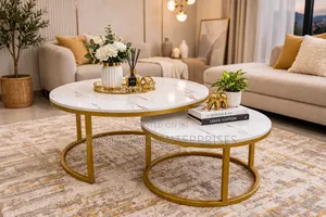 White Nesting Coffee Table - Marble Effect MDF - 2 in 1 Gold Legs