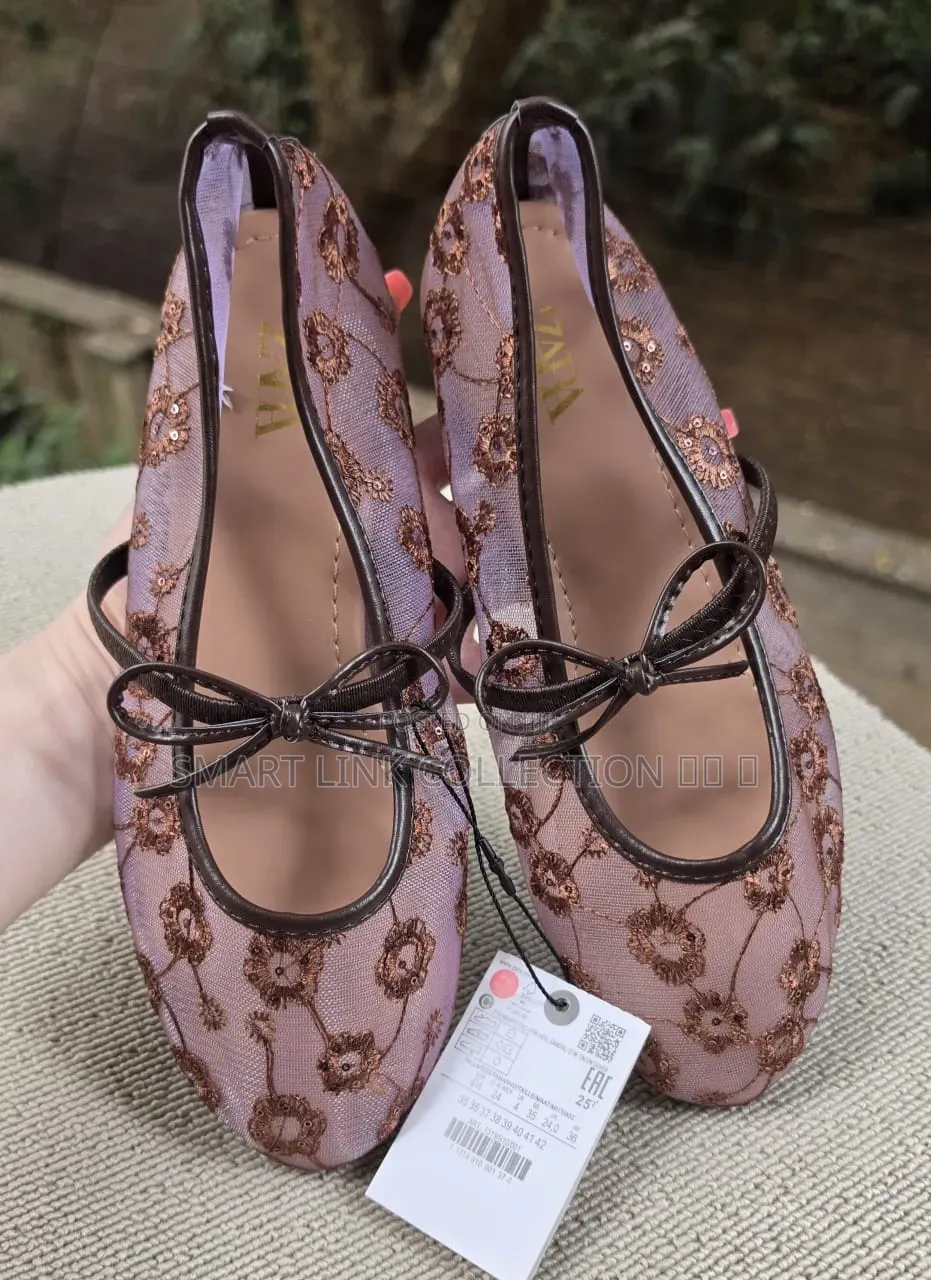 Floral Bow Tie Mesh Ballerina Flat.