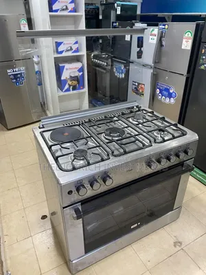 90*60 Mika 4+1 Standing Cooker With Wok Burner Gas Sensors Turbo Fan
