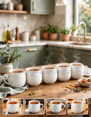 Set of 6 Pot Mugs - White Marble Ceramic - Tea Coffee - 6 PCS