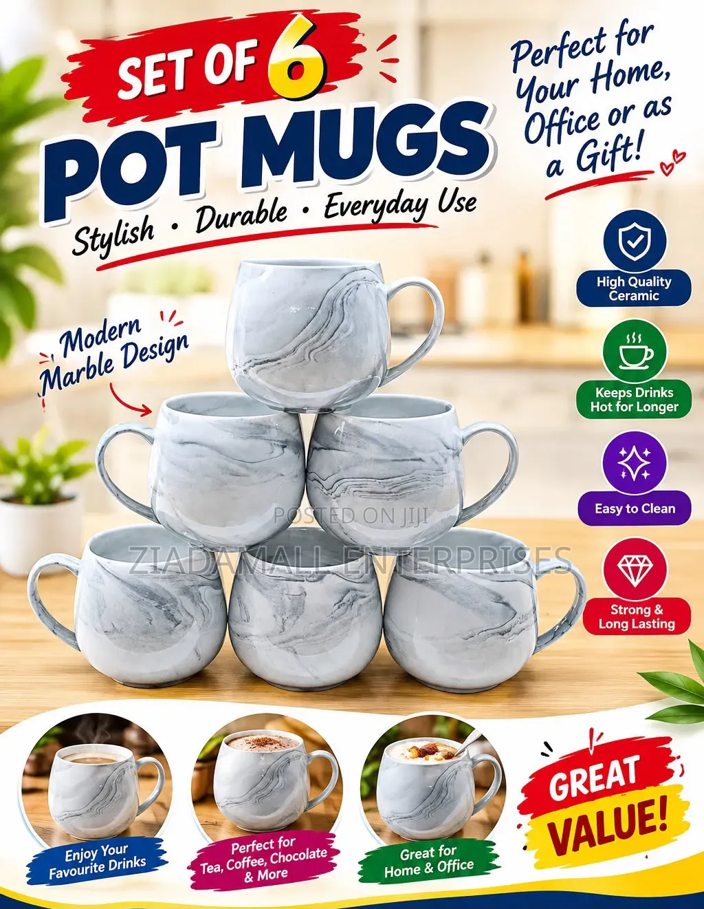 Set of 6 Pot Mugs - Grey Marble Design - Ceramic - Tea Coffee Set
