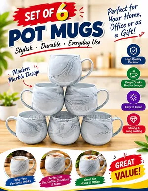 Set of 6 Pot Mugs - Grey Marble Design - Ceramic - Tea Coffee Set