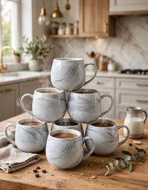 Set of 6 Pot Mugs - Grey Marble Design - Ceramic - Tea Coffee Set