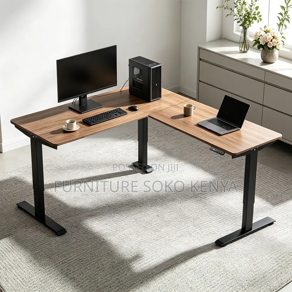 Office Desk; 1.4 Meter Electric L Shape Table With 2 Control Motors